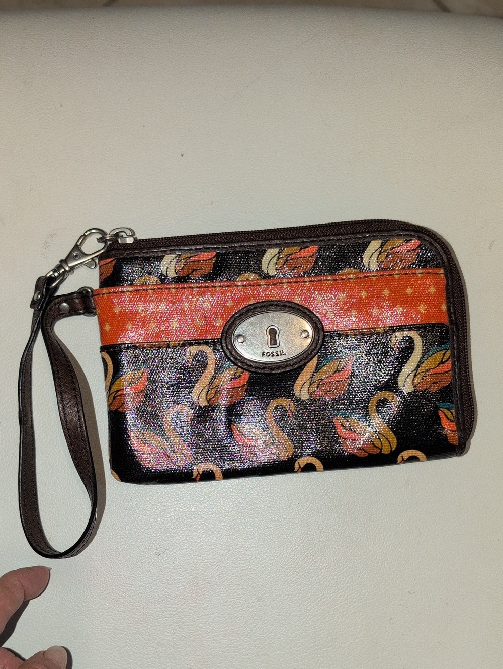 Fossil Black Wristlet with Orange and Brown Swan Feather Motif - Rare